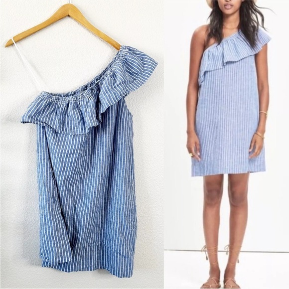 MADEWELL One Shoulder Blue White Striped Ruffle Linen Dress w Pockets Size M - Picture 1 of 7
